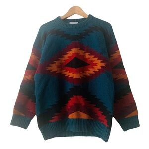 Vintage Wool Aztec Print Knit Sweater Men Size M Teal Multi Fisherman Western
